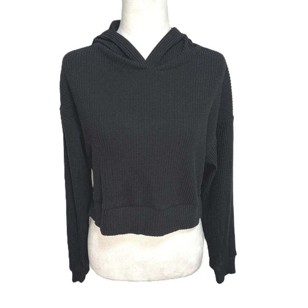 Alo Yoga Muse Hoodie Black Ribbed Knit Cropped Athleisure Pullover Sporty M
